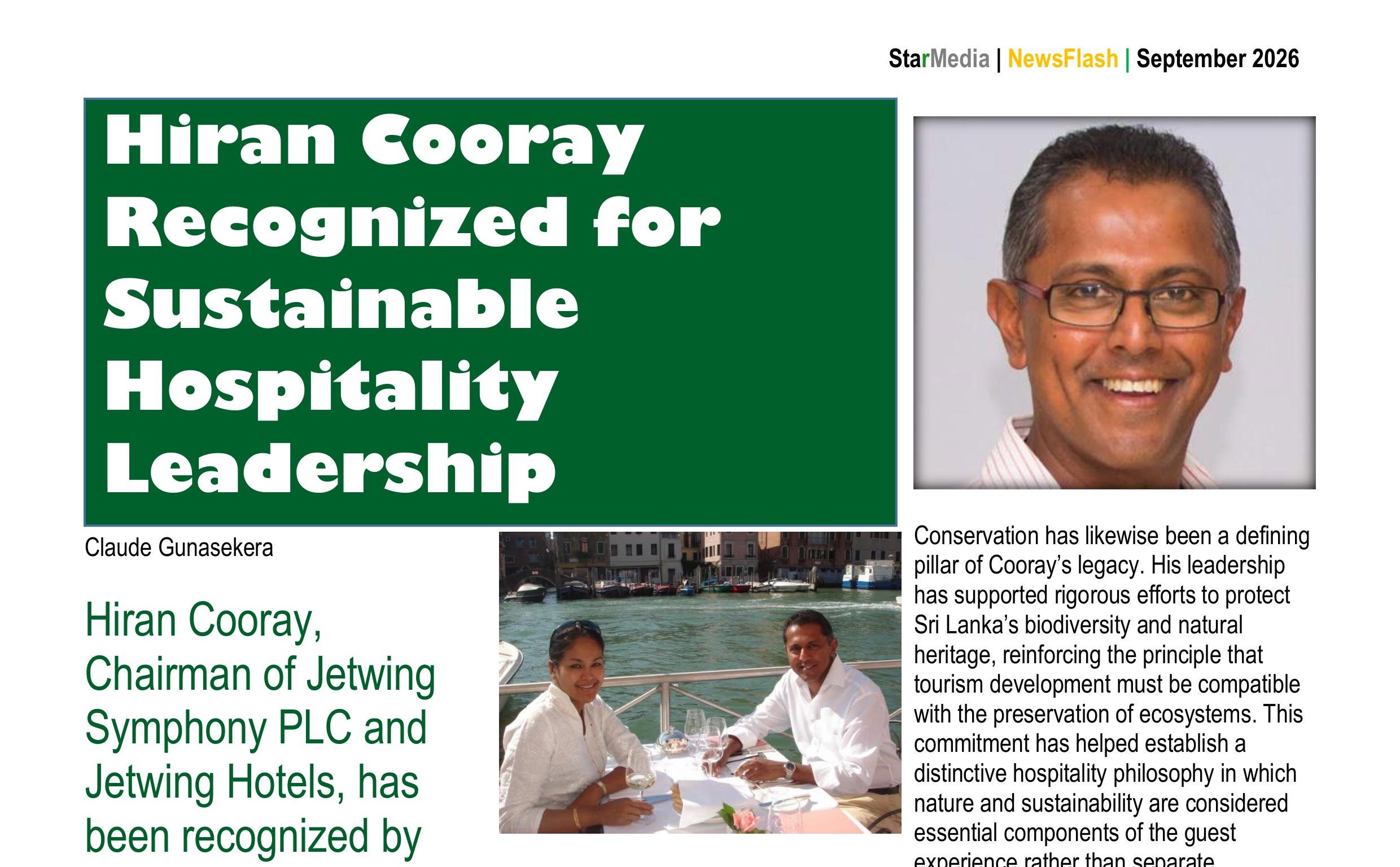Hiran Cooray recognised for Sustainable Hospitality